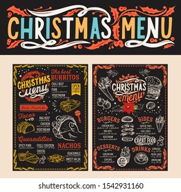Christmas and New Year food menu template for restaurant on chalkboard background. Vector illustration for holiday celebration. Design background with hand-drawn lettering and festive vintage graphic.