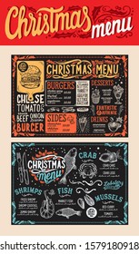 Christmas and New Year food menu template for restaurant on chalkboard background. Vector illustration for holiday celebration. Design background with hand-drawn lettering and festive vintage graphic.