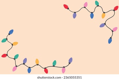 Marco o fondo de Navidad de Año Nuevo con guirnaldas de colores, en un estilo plano. Bombillas de luz de color brillante. Ilustración vectorial. Concepto de tarjetas de felicitación, carteles.