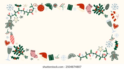 Christmas new year frame and in cartoon style. Holiday border poster, santa, christmas tree, coziness. Seasonal postcard design vector illustrations in retro groovy style.