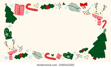 Christmas new year frame and in cartoon style. Holiday border poster, santa, christmas tree, coziness. Seasonal postcard design vector illustrations in retro groovy style