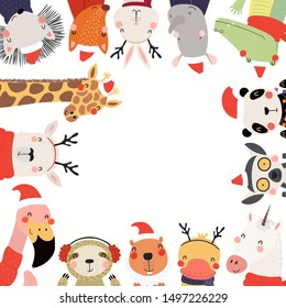 Christmas, New Year frame with cute cartoon animals in Santa Claus hats, place for text. Hand drawn vector illustration. Scandinavian style flat design. Concept for kids print, invite, card, banner.
