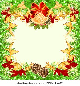 Christmas and New Year frame decoration red and golden poinsettia spruce tree branches bow  and bells and pine cones vintage vector illustration editable hand draw