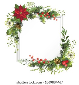 Christmas New Year frame design template with fir branches, poinsettia, red berries and cones. Vector illustration.
