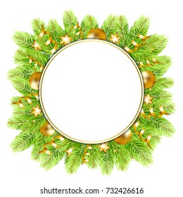 Christmas and  New Year frame with fir-tree border and christmas balls. Vector illustration.