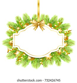 Christmas and  New Year frame with fir-tree border and christmas balls. Vector illustration.