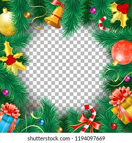 Christmas and New Year Frame with Gift, Fir Branches, Gold Streamer and Candy. Vector illustration on transparent background