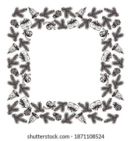 Christmas and New Year frame with pine branches, pinecone, jingle bells, gift box. For printing wrapping paper, packaging, fabric. Hand Drawn vector illustration.