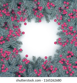 Christmas and New Year frame of realistic branches of Christmas tree and holly berries in Scandinavian style. Element for festive design isolated on white background Vector illustration