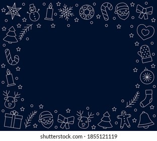Christmas and New Year frame white line icons on dark blue background. Greeting happy chrismas. Vector template illustration