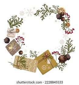 Christmas New Year frame wreath with craft gift boxes,pine fir branches,snowflakes,with place for text vector template.Festive Xmas concept,winter holidays Eco decoration design element.