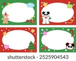 Christmas and New Year frames with puppy, panda, party hat, Christmas tree, candy cane, cherry, star, fruits for festive card, winter decoration, ad template, social media post, banner, polaroid frame