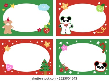 Christmas and New Year frames with puppy, panda, party hat, Christmas tree, candy cane, cherry, star, fruits for festive card, winter decoration, ad template, social media post, banner, polaroid frame