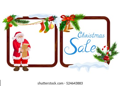 Christmas and New Year frames set with Santa Claus. Christmas sale label set.