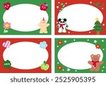 Christmas and New Year frames with teddy bear, panda, cat, Christmas tree, fruit, heart, flower, candy cane for festive card, winter decoration, ad template, social media post, banner, polaroid frame