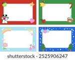 Christmas and New Year frames with teddy bear, panda, Christmas tree, fruit, star, flower, candy cane, heart for festive card, winter decoration, ad template, social media post, banner, polaroid frame