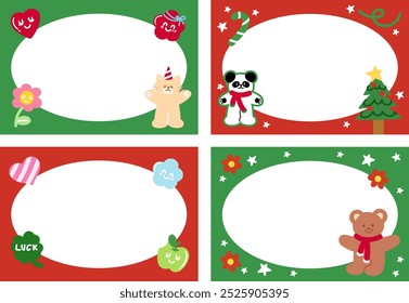 Navidades y marcos del año Nuevo con el oso de peluche, panda, gato, árbol de Navidad, fruta, corazón, flor, caña del caramelo para la tarjeta festiva, decoración del invierno, Plantilla del anuncio, post de las redes sociales, Anuncio, marco polaroid