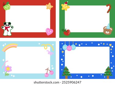 Christmas and New Year frames with teddy bear, panda, Christmas tree, fruit, star, flower, candy cane, heart for festive card, winter decoration, ad template, social media post, banner, polaroid frame