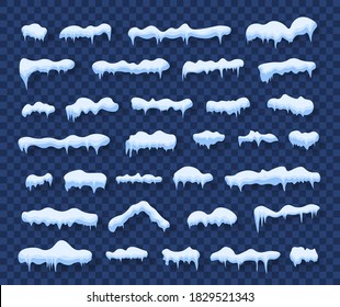 Christmas, New Year frozen ice texture vector illustration. Snow caps, falling snow. Snowdrifts and icicles, ice cap winter decoration. Snowfall with snowflakes. Winter season. Cartoon style. 