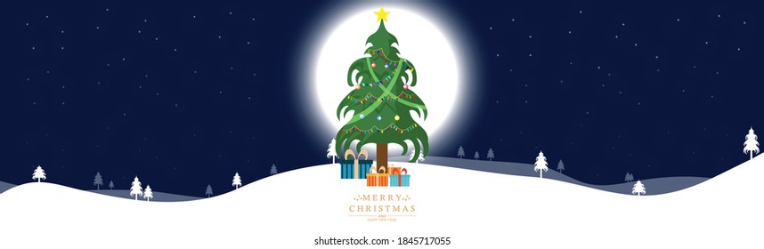 Christmas and New Year full moon background with Christmas tree, winter landscape with snowflakes, stars. Merry Christmas card. Vector Illustration