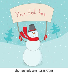 Christmas and New Year funny vector snowman with banner in the hands. Winter illustration of snowy landscape. Can be used for web sites, banners, sale posters, postcards, etc.