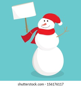 Christmas and New Year funny vector snowman with banner in the hand. Can be used for web sites, banners, sale posters, cards, etc.