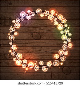 Christmas and New Year Garland Design Wooden Background. Christmas Lights Vector illustration.