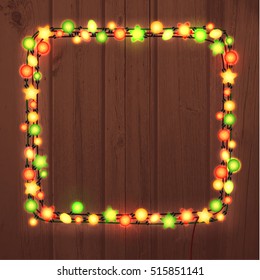Christmas and New Year Garland Design Wooden Background. 