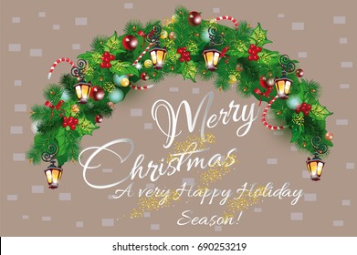  Christmas and New Year garland of fir branches with lanterns, decorated with toys and  ribbons. Hand drawn vector holiday illustration.