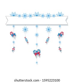 Christmas, New year garland. Holiday sweets and snowflakes. Winter festive background with candies, striped lollipops and decorative snowflakes on white background. Vector isolated illustration.
