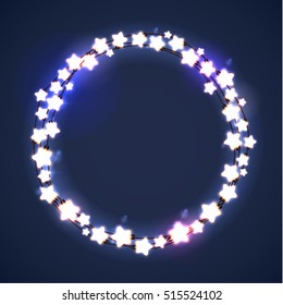 Christmas and New Year Garland Light Design on Blue Background. Holiday lights. Vector illustration.