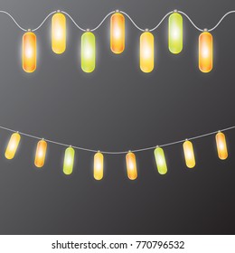 Christmas or new year garland with lights isolated realistic vector design elements. Glowing lights for Xmas Holiday cards, banners, posters, web design. Soft light led neon lamp garlands