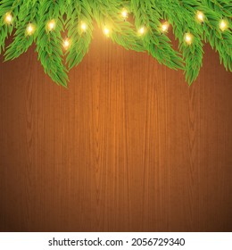 Cadena de guirnaldas de Navidad o Año Nuevo con ramas de abeto sobre fondo de madera marrón. Afiche vectorial para las vacaciones de invierno