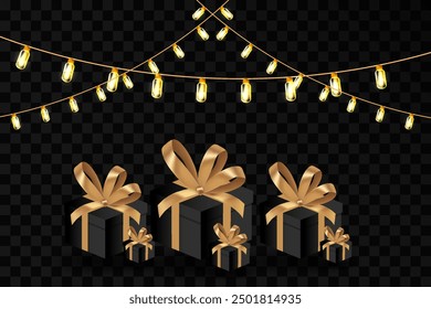 Christmas and New Year. Christmas garlands, lamp. Beautiful boxes with a gold bow. On a transparent background. Vector.