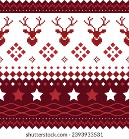 Christmas and New Year geometric seamless pattern. Red and white pixel pattern with nordic style for winter textile and wrapping paper, geometric christmas elements seamless striped pattern background