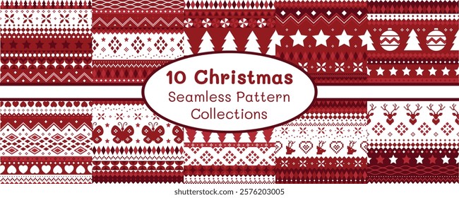 Christmas and New Year geometric seamless pattern. Red and white pixel pattern with nordic style for winter textile and wrapping paper, geometric christmas elements seamless striped pattern background