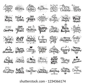 Christmas & New Year giant vector collection. Handwritten lettering, label, emblem, text design templates with winter holiday symbols. Festive quotes Merry Christmas, Happy New Year 2019, Best wishes.