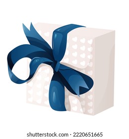 Christmas and New Year gift box with a blue festive bow on a white background. Vector illustration