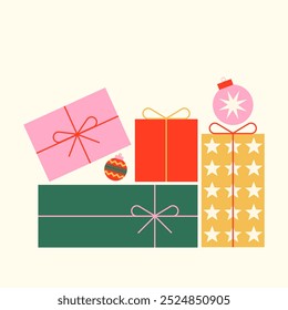 Christmas new year Gift box winter holiday greeting cards with xmas decoration. Vector illustration posters in flat style