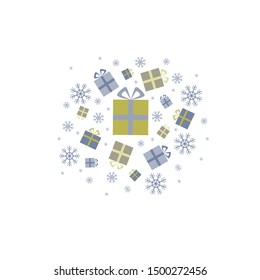 Christmas and New year with gift boxes and snowflakes on white background in the center. Postcard, banner with copy space for your text. Holiday, Winter, Snow. Vector illustration