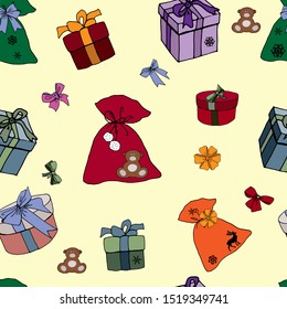 Christmas and New Year gift boxes and bags on a light yellow background, seamless Christmas pattern