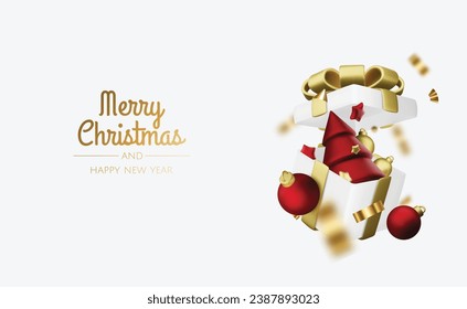Christmas and New Year gift boxes with gold confetti. Festive Xmas background. Festive Xmas background. Holiday gifts surprise. Realistic 3d Design Vector illustration