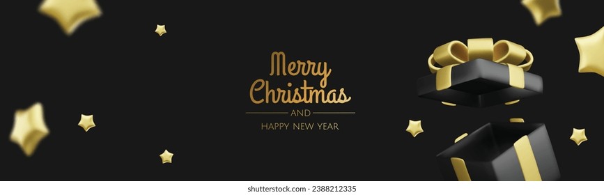 Cajas de regalo de Navidad y Año Nuevo con confeti de oro. Fondo de Navidad festiva. Fondo de Navidad festiva. Sorpresa de los regalos de vacaciones. Ilustración del vector de diseño 3d realista