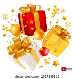 Christmas and New Year gift boxes with golden ribbon and bow, white, red, golden. 3d realistic, luxury, flying with fir tree balls, tinsel, stars. Isolated on white. Vector illustration