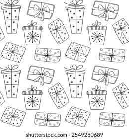 Natal e Ano Novo caixas de presente padrão vetor sem costura em estilo doodle, design preto e branco para papel de embrulho, impressão têxtil, papel de parede.