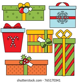 Christmas and new Year gift boxes. Winter seasonal presents set. Colorful vector icons, stickers, symbols