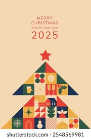 Christmas New Year New Year Gift Card in Modern Geometric Style with Christmas Tree. Colourful Illustrations with Christmas Icons in Retro Colours. Vector