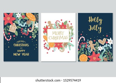 Christmas and New Year gift cards collection with hand draw lettering and christmas floral elements. Christmas and Happy New Year holiday greeting set. Handwritten calligraphy and hand drawn decorativ