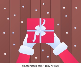 Christmas and new year gift concept. Vector flat illustration. Santa claus hands holding red gift box with white ribbon bow on wooden background with snow. Design for banner, poster, web holiday sale.