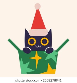 Christmas and New Year gift package with festive decorations,  cute cat with red santa hat in open box . Trendy modern vector illustration isolated on white background, hand drawn, flat design